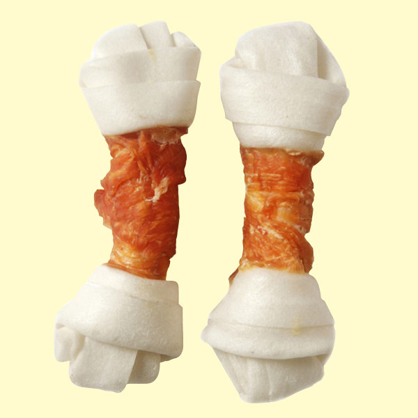 Bleached rawhide knotted bone wrap chicken